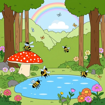 A vibrant magical forest filled with tall, colorful trees and flowers of various shapes and sizes. In the foreground, a group of whimsical bees are interacting; one bee is wearing a tiny crown made of petals, while another has a small backpack. They are flying playfully around a sparkling pond that reflects the sunlight. Nearby, a large mushroom serves as a gathering spot, where several bees are sitting and sharing stories, their wings glistening in the light. The scene is lively, with butterflies fluttering in the background and a rainbow arcing gracefully above the treetops.