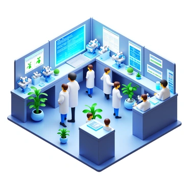A futuristic laboratory filled with advanced technology and sleek equipment. Scientists are wearing white lab coats and safety goggles as they work diligently at various high-tech workstations. Some scientists are examining samples under sophisticated microscopes, while others are interacting with holographic displays showing complex biological data. The environment is bright with illuminated screens and metallic surfaces, showcasing a clean and organized space dedicated to innovative biological research. Various plants and synthetic organisms are situated throughout the lab, emphasizing the focus on biological experimentation.