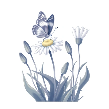 A butterfly delicately perched on a blooming daisy. The butterfly displays intricate patterns on its wings, with various shapes and designs visible. The daisy features white petals surrounding a vibrant yellow center. In the background, there are other green plants and flowers, enhancing the garden's lush appearance. The overall scene conveys a sense of calmness and harmony in nature.