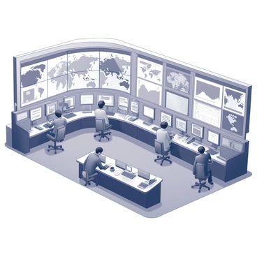 A large control center filled with multiple screens displaying data and charts related to climate changes. Several advanced machines and consoles are positioned around the room, each equipped with blinking lights and buttons. In the center, a long, curved control table with interactive displays is surrounded by several operators, each focused on monitoring the information presented. The walls are lined with digital panels showing an array of global maps and real-time statistics. The atmosphere conveys a sense of urgency and determination.