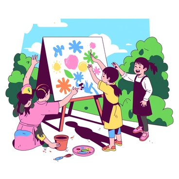 A group of children, with their hands covered in colorful mud, is joyfully painting on a large canvas set up outdoors. The canvas is propped up on an easel, filled with vibrant patterns and shapes created by the children's hands. Each child is wearing aprons smeared with various mud colors, and some have their faces marked with splashes of paint. The scene is surrounded by lush greenery, with a bright blue sky overhead. Sunlight casts playful shadows, enhancing the lively atmosphere of creativity.
