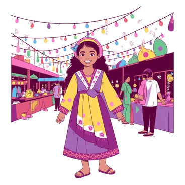 A girl wearing a colorful traditional attire, adorned with intricate patterns and embellishments, is standing amid a vibrant cultural festival. She has a joyful expression, with her hair beautifully styled and framed by a decorative headscarf. Surrounding her are strings of twinkling lights, casting a warm glow over the scene. Colorful decorations in various shapes and sizes hang from above, enhancing the festive atmosphere. In the background, there are stalls with traditional crafts and food, bustling with people enjoying the celebration.