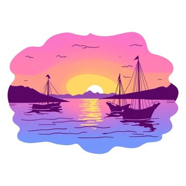 A duotone illustration captures a vivid sunset over the Bay of Carthage. The sky transitions through shades, creating a blend of {color_1} and {color_2}. Silhouetted against the brightening sky, several ships are anchored in the bay, their masts and sails distinct against the vibrant backdrop. Gentle waves ripple across the water's surface, reflecting the colors of the sky. In the distance, the outlines of distant hills frame the scene, completing this tranquil coastal view.