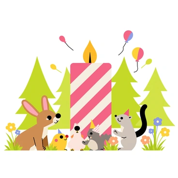 A group of cute animals, including a small brown bunny, a fluffy gray squirrel, and a cheerful yellow bird, are gathered around a giant birthday candle. The candle is brightly colored with red and white stripes and has a flickering flame at the top. The forest is filled with tall green trees and colorful wildflowers surrounding the scene. The animals are looking at the candle with excitement, some of them are holding tiny party hats. A few colorful balloons are floating above them, adding to the festive atmosphere.