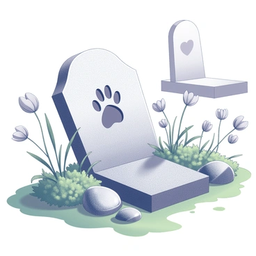 A small gravestone situated in a pet memorial garden. The gravestone features a distinct engraving of a paw print on its surface. Surrounding the gravestone are lush green grass and various flowers, adding to the serene atmosphere of the garden. There are small decorative stones scattered around the base of the gravestone, emphasizing the memorial aspect. In the background, other gravestones and memorial markers can be seen, creating a sense of a dedicated space for remembrance.
