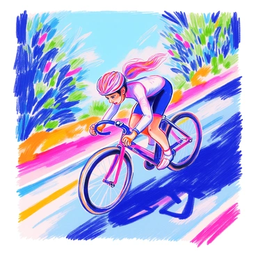 A cyclist is racing down a steep hill, with their hair flowing in the wind. The cyclist is wearing a bright helmet and form-fitting cycling attire that highlights their athletic physique. The bike has thin tires and a sleek design, emphasizing speed. The background features a blur of green trees and a clear blue sky, showcasing the motion of the descent. The cyclist's expression shows focus and determination as they navigate the incline.
