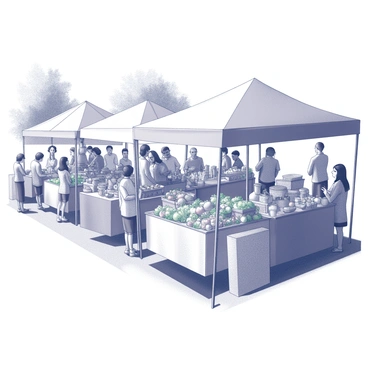 A busy outdoor market scene filled with various stalls. Each stall is neatly arranged, showcasing an assortment of fresh fruits and vegetables, such as apples, oranges, tomatoes, and leafy greens. Nearby, another stall displays handcrafted items and crafts, including woven baskets and pottery. Shoppers of different ages can be seen browsing and interacting with vendors. In the background, there are trees providing shade, and a few groups of people are engaged in lively conversation. Bright awnings cover many stalls, creating a vibrant atmosphere.