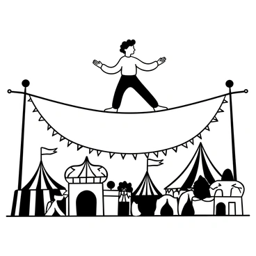 An acrobat in a fitted costume is walking on a tightrope suspended high above a circus. The tightrope stretches across the scene, with the acrobat maintaining balance. Below, a variety of circus tents and attractions are illustrated, creating a dynamic atmosphere. A group of spectators is gathered, looking up at the acrobat. There are decorative elements like flags and banners flapping in the air. The scene conveys a sense of excitement and anticipation. The acrobat's posture reflects confidence and focus.