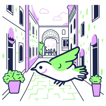 A "hirondelle" is flying swiftly down a narrow cobblestone street. The street is flanked by aged buildings with textured walls and small windows. At the base of the buildings, potted plants with vibrant foliage add a touch of greenery. The cobblestones are uneven, creating a sense of history and charm. The sky above is partly cloudy, and the sunlight casts gentle shadows along the street. In the distance, a stone archway leads to a small plaza where a few people can be seen walking leisurely.