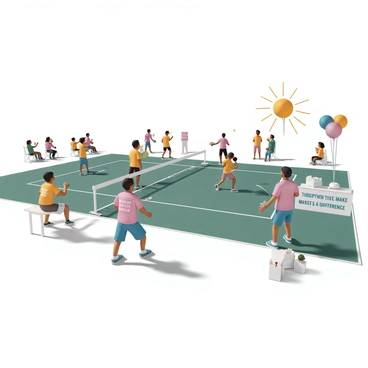 A large outdoor pickleball court filled with participants engaged in a game. Some players are wearing brightly colored t-shirts representing the charity, while others are in athletic shorts and sneakers. Spectators are seated in folding chairs along the sidelines, cheering and holding signs that say "Support the Cause" and "Together We Can Make a Difference." A table is set up nearby, decorated with a banner that reads "Charity Pickleball Event" and displaying donation boxes. Balloons in various colors are tied to the table. The sun is shining brightly overhead, casting vivid shadows on the court.