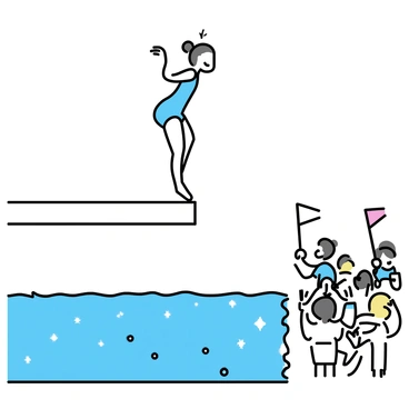 A diver, wearing a blue swimsuit, stands on the edge of a high diving board. The diver is poised with arms raised, preparing to leap into a shimmering pool below. The pool reflects the sunlight, creating a sparkling effect on the water’s surface. Below the diving board, a crowd of people, some waving flags and others clapping, are gathered, expressing excitement and anticipation for the dive. The scene captures the moment just before the leap, filled with energy and eagerness.