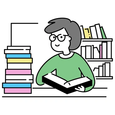 A person with short brown hair, wearing glasses and a green sweater, is sitting at a wooden table in a quiet library. They are surrounded by tall stacks of books, varying in colors and sizes. The person is holding a thick book open in front of them, deeply focused on the text. Sunlight is softly illuminating the scene, casting gentle shadows on the table. In the background, additional bookshelves stretch out, filled with more books, creating a serene atmosphere.