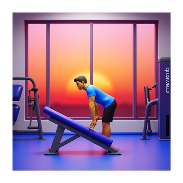 A person performing cable kickbacks in a gym, focused on their exercise. The individual is wearing workout attire, with a determined expression. The gym is equipped with various fitness machines and equipment. In the background, a large window displays a vibrant sunset, casting warm orange and pink hues across the room. The lighting from the sunset complements the scene, creating a contrast with the gym's interior. The cable machine is clearly visible, with the person gripping the handle while extending their leg back.