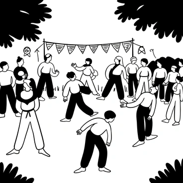 A group of individuals practicing aikido in a grassy outdoor setting during a cultural festival. The practitioners are wearing traditional aikido uniforms, displaying various techniques and movements. Spectators are standing around, observing the demonstration with interest. Colorful banners and flags are visible in the background, adding to the festive atmosphere. Some trees provide shade as sunlight filters through the leaves, creating dappled shadows on the ground.