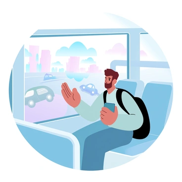 A commuter realizing they boarded the wrong bus, looking out the window in confusion