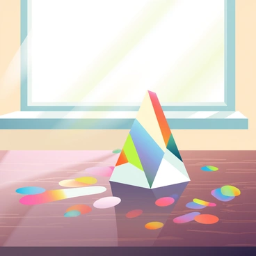 A wooden table with a rich, dark grain is in the foreground. On top of the table, there is a clear glass prism positioned upright. The prism is reflecting colorful light beams that scatter across the surface of the table, creating vibrant patterns. Shadows are cast around the prism, adding depth to the scene. The sunlight is streaming in from a nearby window, illuminating the table and enhancing the reflections produced by the prism.