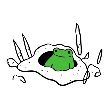 A green frog peeking out of a small hole in the snow. The snow is textured with a soft, fluffy appearance. Surrounding the hole are sharp icicles hanging down, with varying lengths and shapes. The ground around the hole is slightly disturbed, indicating recent movement. The scene is void of any other elements, focusing solely on the frog and the icy surroundings.