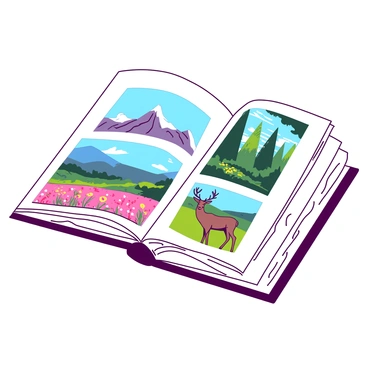 A white photo album is open, displaying vivid images of various landscapes, flowers, and wildlife. The first page features a breathtaking panorama of mountains under a blue sky, with lush green valleys below. The next image showcases a vibrant field of flowers in shades of pink and yellow, swaying gently in the breeze. Another page reveals a majestic deer standing gracefully in a serene forest setting, surrounded by tall trees with sunlight filtering through the leaves. Each photo captures the beauty of nature in intricate detail.