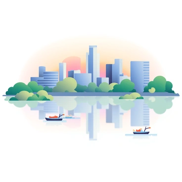 A city's skyline with tall buildings and various architectural designs is prominently featured. The sky above is painted with soft pastel colors at sunset, transitioning from orange to pink. The calm waters of the lake below mirror the skyline, creating a symmetrical reflection of the buildings. Surrounding the lake are lush green trees and patches of grass, adding natural elements to the scene. A few small boats are gently floating on the surface of the water, contributing to the tranquil atmosphere.