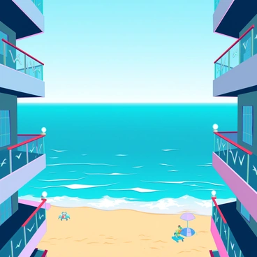 A panoramic view of a vast ocean stretching out to the horizon. The water reflects shades of blue and turquoise under a clear sky. In the foreground, elegant Art Deco balconies with geometric patterns and ornate railings frame the scene. These balconies are adorned with potted plants and decorative elements. Below, fine golden sand of the beach is visible, with gentle waves lapping at the shore. Small beach umbrellas and lounge chairs dot the sandy area, creating a vibrant atmosphere.
