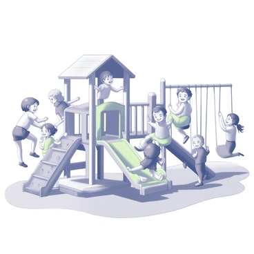A group of children is playing together in a playground. There are several children engaged in various activities, such as climbing on a jungle gym, sliding down a slide, and swinging on swings. Each child is smiling and laughing, displaying a sense of joy. The playground features bright equipment, including a colorful slide, sturdy swings, and climbing structures. The scene captures a sunny day, with a backdrop of trees and simple benches near the play area.