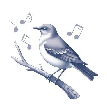 A mockingbird is perched on a sturdy tree branch, with its body facing slightly to the side. The bird's feathers are detailed and plush, showcasing its natural form. Music notes are illustrated surrounding the bird, emanating from its open beak, depicting a sense of melody. The branch is textured with rough bark, and there are a few leaves nearby, adding to the natural setting. The overall composition conveys a feeling of harmony in nature.