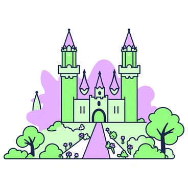 A large castle stands majestically with emerald towers reaching towards the sky. The towers are adorned with intricate designs and spires. In the foreground, a pathway leads up to the castle's grand entrance, flanked by blooming flowers and greenery. The background features a soft mist that envelops the castle, creating a sense of mystery. There are several trees scattered around the castle, their shapes slightly obscured by the mist. The overall scene conveys a sense of wonder and grandeur.