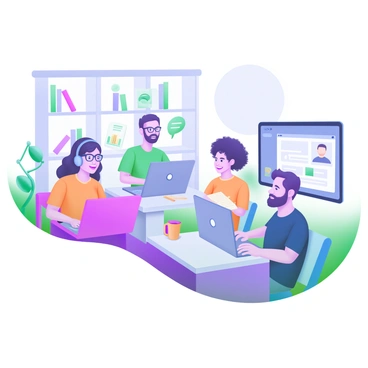 A modern pastel illustration depicting a group of employees participating in a virtual meeting from their homes. Each person is seated at a desk with a laptop open in front of them. The first person, a woman with glasses, is speaking and has a plant beside her. The second, a man wearing headphones, is taking notes and has a coffee mug on his desk. The third participant, a woman with curly hair, is smiling and has a framed photo on her desk. The fourth person, a man with a beard, is sharing his screen, showing a presentation. The background of each home office includes shelves with books and decorative items.