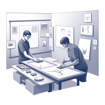 Two artists are working together in a spacious studio filled with various art supplies. One artist is applying ink to a large printmaking table, while the other is arranging sheets of paper nearby. Both artists are focused on their tasks, engaged in discussion about the project. The walls of the studio are adorned with sketches and previous works, showcasing their creativity. Various tools such as brayers and carving tools are scattered across the work surface, indicating an active and collaborative atmosphere.