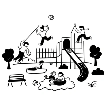 A playground scene featuring children playing on various equipment such as swings, slides, and climbing structures. One child is swinging high on a swing, while another is climbing a bright, tall slide. A third child is laughing while chasing after a bouncing ball. Various playground elements, such as colorful benches and trees, are scattered throughout the area. A small group of children is gathered around a sandpit, building a sandcastle with small buckets and shovels. The sky above is clear, providing a bright backdrop to the lively activities below.