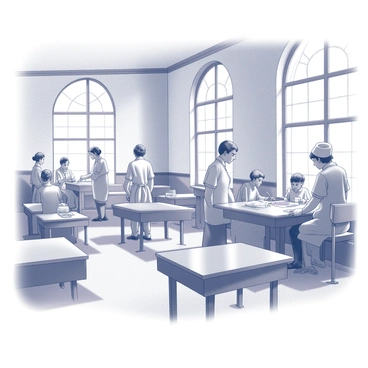 A mental health ward from the early 20th century is depicted in the image. The room has high ceilings and large, arched windows that let in natural light. Several patients are present, sitting on simple wooden benches or pacing around the room. The patients wear loose-fitting, plain clothing typical of that era. Nurses in crisp white uniforms are attending to the patients, engaging in conversations or offering assistance. The atmosphere shows a mix of calmness and subdued activity, with medical equipment and furniture typical of the time period, such as wooden tables and chairs. The overall scene captures the environment of a historical mental health facility.