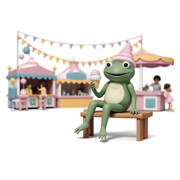 A green frog, sitting comfortably on a small wooden bench, is wearing a tiny red and white striped hat. The fair is bustling with activity in the background, featuring various colorful stalls decorated with bright banners. String lights hang overhead, casting a warm glow across the scene. Nearby, there are stalls selling cotton candy and balloons, with children laughing and playing. The frog is smiling, holding a small cone of ice cream with one hand, while its other hand rests on the bench.
