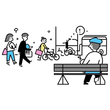 An artist, wearing a blue beret and a white shirt, is sitting on a wooden park bench. The artist is focused on sketching with a pencil on a notepad. In front of him, a busy city street scene unfolds, with people walking in various directions. A woman with a red bag is hurrying by, while a man in a black suit stands waiting for a bus. Cars are parked along the curb, and a bicycle is leaning against the bench nearby. The sky is clear, and a few trees can be seen in the background.