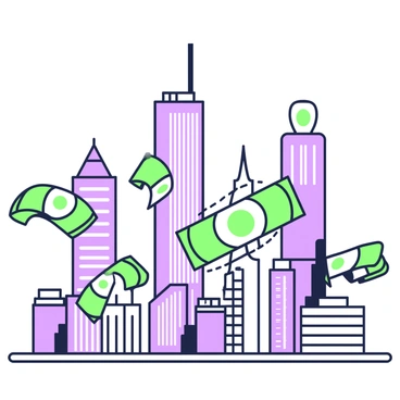 A city skyline featuring several tall skyscrapers. Each building has distinct architectural designs with various shapes and heights, rising into the sky. Between the skyscrapers, there are streams of green bills flowing gracefully, creating a dynamic movement through the air. The money streams appear to connect different buildings, emphasizing a sense of financial flow and connection. The scene captures the vibrant energy of an urban financial district, showcasing the relationship between the structures and the flowing currency.