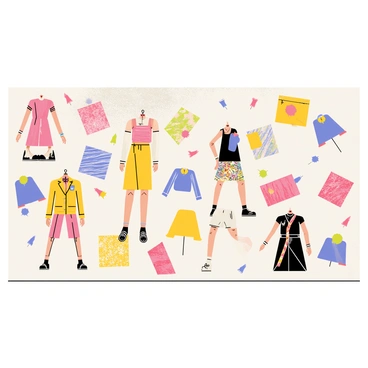 A designer's inspiration board with a large white cork surface. The board is filled with colorful fashion illustrations showcasing various clothing styles, including dresses, jackets, and accessories. These illustrations have bold lines and vibrant colors. Surrounding the illustrations are fabric swatches in different textures and patterns, including florals, stripes, and geometric designs, all pinned neatly to the board with colorful pushpins. The overall composition is dynamic, highlighting the creativity and energy of the fashion design process.
