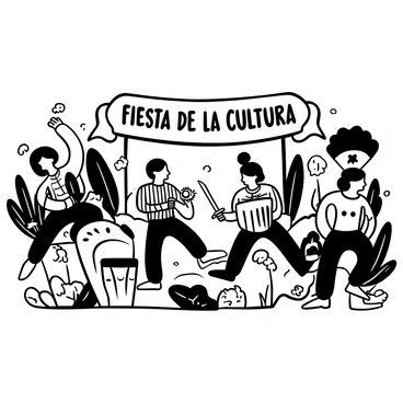 A group of conquistadors in ornate armor, holding swords and shields, engage in a traditional dance with indigenous people, who are adorned in colorful garments and feathered headdresses. The dancers are in mid-motion, with arms raised and legs lifted in rhythmic steps. There are drums and other traditional instruments placed on the ground, indicating the source of the lively music. Surrounding them, a lush landscape filled with tropical plants and trees creates a vibrant atmosphere. In the background, a large banner with the words "Fiesta de la Cultura" is displayed prominently.