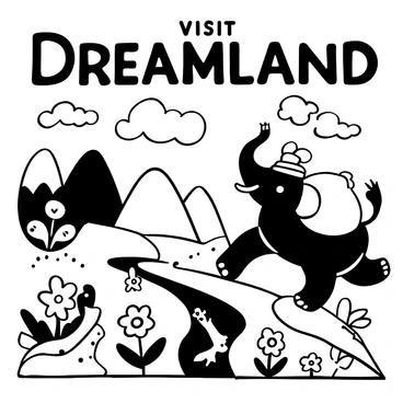A vintage travel poster showcasing a fictional destination, with the words "Visit Dreamland" prominently displayed at the top. The scene features a large, friendly elephant wearing a colorful hat, walking along a winding path lined with oversized flowers. In the background, there are whimsical mountains with curvy peaks and fluffy clouds floating above. Various fantastical creatures, such as a cheerful dragon and a playful unicorn, are depicted interacting playfully near a sparkling river.