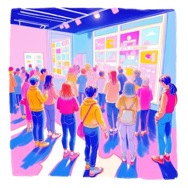 A group of visitors is engaged with a dynamic digital art installation set in a modern gallery space. Various people of diverse ages and backgrounds are gathered around the installation, examining its vibrant displays and interactive features. The installation consists of colorful digital screens that respond to the visitors' movements and gestures. Some visitors are reaching out to touch the screens, while others stand back, observing the changes in the artwork. The lighting in the gallery is bright, highlighting the vivid colors of the installation and the expressions of curiosity on the visitors' faces.