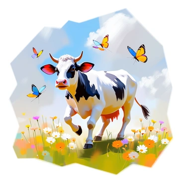 A playful cow with a glossy black and white coat is happily chasing colorful butterflies in a sunlit open field. The cow is mid-gallop, with its ears perked up and a joyful expression on its face. Surrounding the cow, a variety of butterflies in shades of blue, yellow, and orange flutter gracefully through the air. The field is filled with vibrant green grass, dotted with wildflowers in various colors, adding to the lively atmosphere. The sky above is bright with a few fluffy clouds scattered across it.
