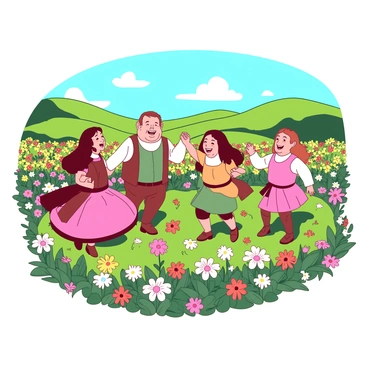 A group of cheerful hobbits is dancing joyfully in a vibrant field filled with colorful flowers. Each hobbit is wearing a distinct outfit with varying patterns, and their faces are adorned with big smiles. Some hobbits are holding hands while others are spinning happily. The flowers around them are in full bloom, creating a lush, lively environment. In the background, there are rolling green hills under a bright blue sky, enhancing the festive atmosphere of the celebration.