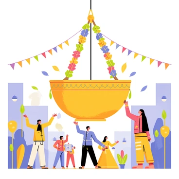 A "dahi handi" pot suspended in the center of a vibrant festive square. The pot is decorated with intricate patterns and bright colors, showcasing its significance in the celebration. Colorful garlands made of flowers and leaves drape around the pot, enhancing the festive atmosphere. Surrounding the square, there are cheerful decorations, such as banners and streamers, adding to the joyous ambiance. People in traditional attire can be seen celebrating, creating a lively environment filled with excitement and energy.
