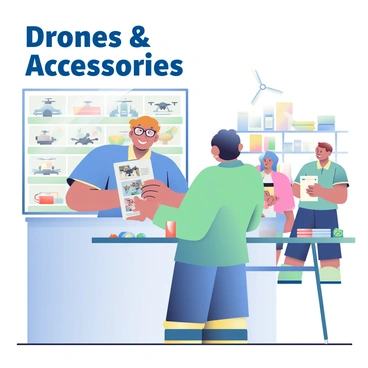 A store staff member with light brown hair and glasses is standing behind a counter, assisting a customer with a drone purchase. The staff member is wearing a blue polo shirt and is pointing at a display case filled with various drone models, showcasing their features. The customer, a man with short dark hair, is leaning forward, holding a brochure with images and specifications of the drones. In the background, several other customers are browsing the aisles, looking at drones and accessories, while a large sign above displays "Drones & Accessories" in bold letters. A table nearby features additional accessories, including batteries and propellers, neatly arranged for easy viewing.