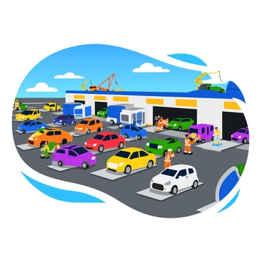 A bustling car transport terminal filled with various vehicles. Several trucks are parked, ready for loading, with ramps extended to allow easy access. Workers in bright safety vests are actively guiding cars onto the carriers. The scene features a mix of colorful vehicles, including sedans, SUVs, and trucks, each waiting to be loaded. The terminal has large signage indicating different loading zones, and there are cranes in the background lifting vehicles for transport. The sky above is clear and blue, adding to the vibrant atmosphere of the terminal.