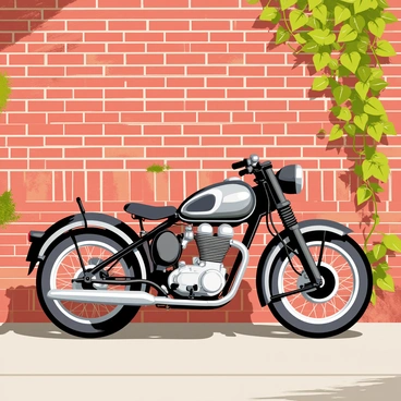 A classic vintage street bike with a shiny chrome finish and a dark leather seat is parked next to an old brick wall. The bike features a pair of retro handlebars and a large front headlight. The wall is made up of red and brown bricks, with some areas showing signs of wear and moss growth. Sunlight casts shadows on the ground, highlighting the bike's details and the texture of the brick wall. Green vines snake up the edges of the wall, adding a touch of nature to the urban setting.