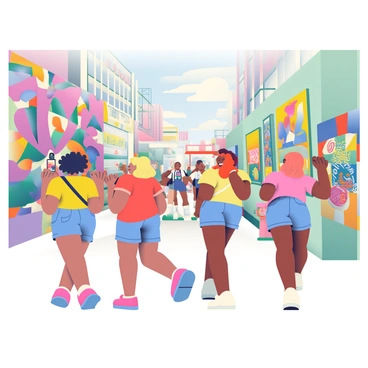 A group of four young women is walking through a bustling city filled with colorful street art. One woman with curly black hair is taking a photo of a large mural featuring vibrant geometric patterns. Another woman with blonde hair tied in a bun is examining a nearby sculpture painted in bright colors. The third woman, with medium brown skin, is laughing while pointing at an intricate graffiti piece on the wall, which depicts a colorful landscape. The fourth woman, with straight red hair, is holding a camera and capturing the lively atmosphere around them. They are dressed in casual summer outfits, including denim shorts and colorful tops, and the city streets are crowded with people and lined with food vendors.