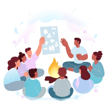 A group of children is sitting on the ground in a semicircle around a campfire, their faces illuminated by the warm glow of the flames. The children are diverse in appearance, including various hair colors and styles, and they are dressed in comfortable outdoor clothing. In front of them, a storyteller is positioned, holding a large piece of cardboard with cut-out shapes for shadow puppetry. The storyteller's hands are raised, casting intricate shadows against a white sheet that acts as a backdrop. The atmosphere is filled with curiosity as the children focus intently on the shapes, which represent different numbers and concepts related to expanded form. The night sky above is dotted with stars, completing this cozy camping scene.