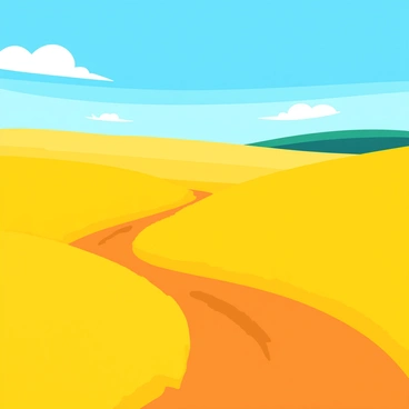 A vast expanse of "golden wheat fields" swaying gently in the breeze. The wheat stalks are tall and vibrant, creating a rich texture as they move. Above, a "clear blue sky" stretches endlessly, with a few fluffy white clouds scattered across. The sunlight casts a warm glow, making the wheat appear even more radiant. In the foreground, a dirt path weaves through the fields, leading the viewer's eye deeper into the landscape.