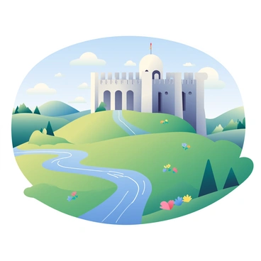 A grand ancient fort with high stone walls is perched on a hill, overlooking a scenic landscape. The fort's architecture features large arched windows and battlements along the top. Surrounding the fort, a lush green valley spreads out with a winding river that glimmers under the sunlight. In the distance, rolling hills and scattered trees can be seen, adorned with colorful wildflowers. The sky above is clear with a few fluffy white clouds, enhancing the tranquil atmosphere of the scene.