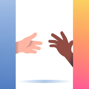 Two hands, one with light skin and the other with dark skin, are reaching out from either side of a wide gap. The hands are positioned at an angle, fingers extended toward each other, creating a sense of urgency. The background features a soft gradient transitioning from deep blue on one side to warm orange on the other, symbolizing the contrasting emotions associated with sin. A subtle shadow below the gap emphasizes the distance between the hands, as if the gap represents a chasm of misunderstanding or separation.