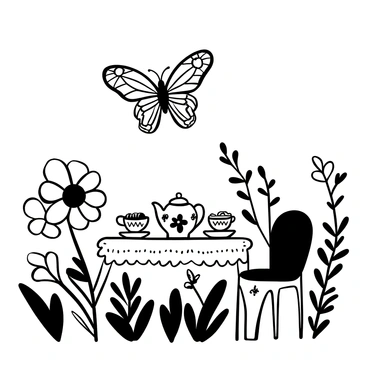A butterfly with intricate wing patterns is gracefully hovering above a small, elegantly set table in a garden. The table is adorned with a delicate lace tablecloth and has an assortment of fine china teacups arranged neatly. A teapot with floral designs sits at the center, surrounded by a variety of pastries on decorative plates. Nearby, vibrant flowers bloom in abundance, with leaves gently swaying in the breeze. A small, inviting chair is placed beside the table, inviting guests to join the tea party.